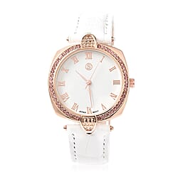 STRADA Japanese Movement Pink Crystal Studded Water Resistant Watch with White Strap