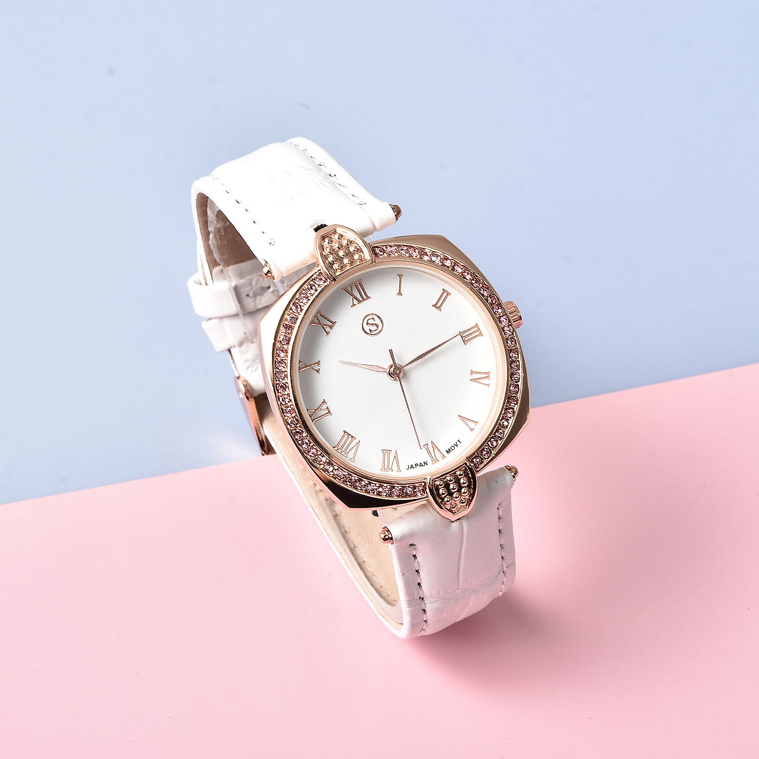 STRADA Japanese Movement Pink Crystal Studded Water Resistant Watch with White Strap