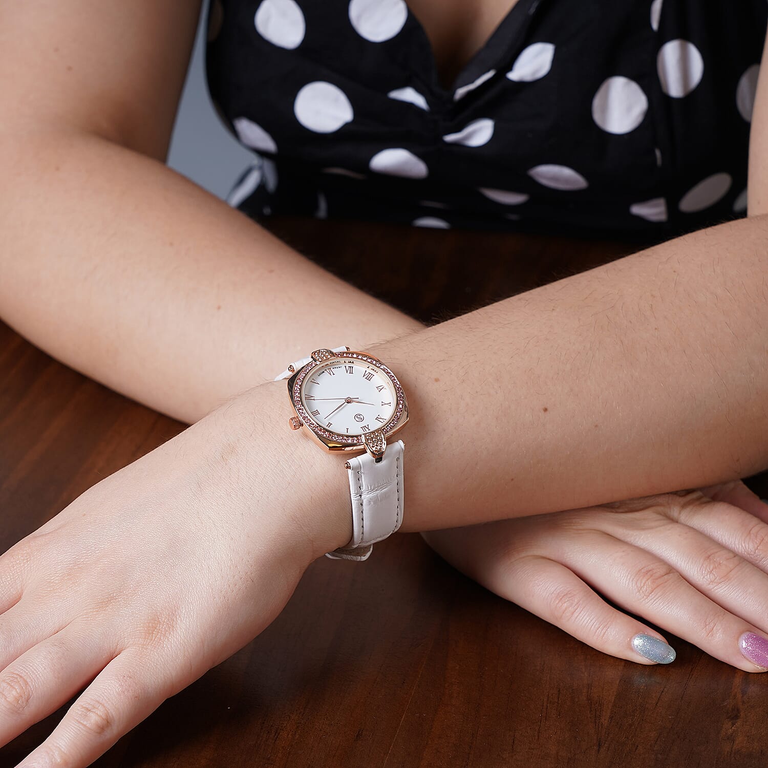 STRADA Japanese Movement Pink Crystal Studded Water Resistant Watch with White Strap