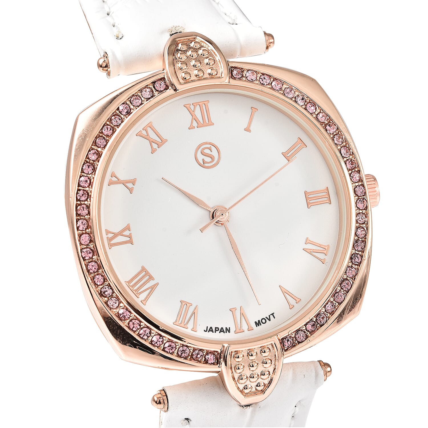 STRADA Japanese Movement Pink Crystal Studded Water Resistant Watch with White Strap