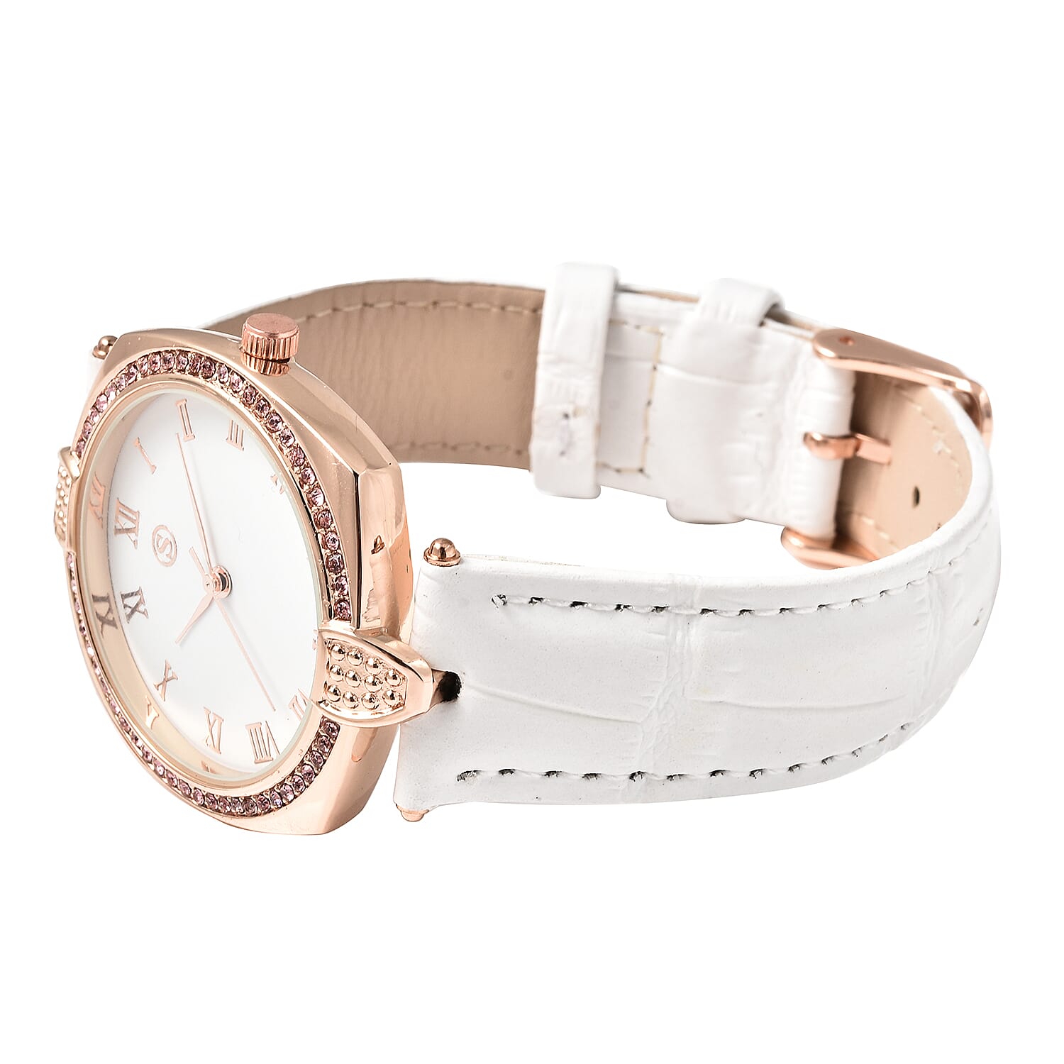 STRADA Japanese Movement Pink Crystal Studded Water Resistant Watch with White Strap