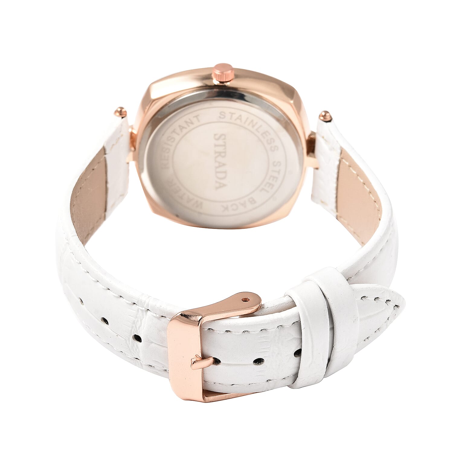 STRADA Japanese Movement Pink Crystal Studded Water Resistant Watch with White Strap