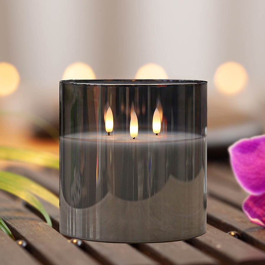 Three Wick Smoked Glass LED Candle (AA Battery not Included)