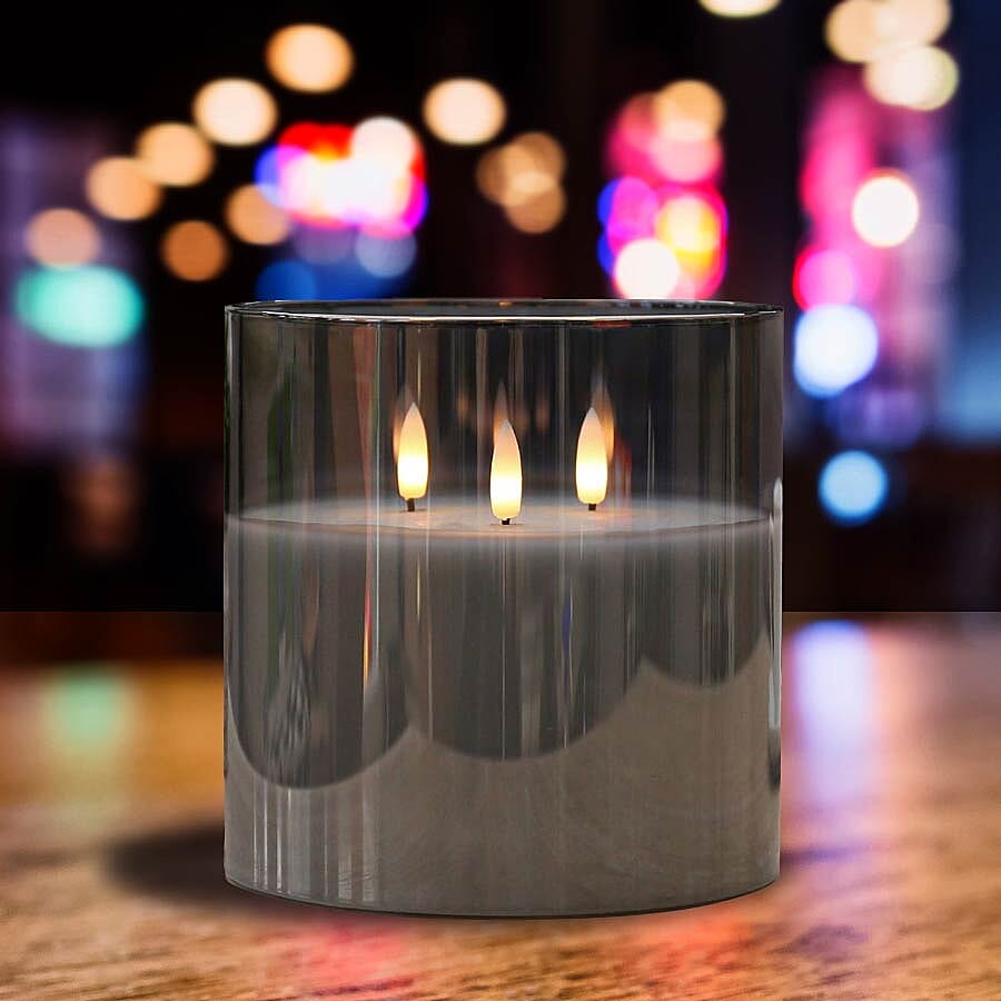 Three Wick Smoked Glass LED Candle (AA Battery not Included)