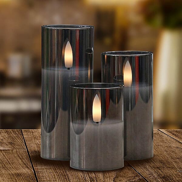 Set of 3 Smoked Glass LED Candles (3V Battery included) 6095514 TJC
