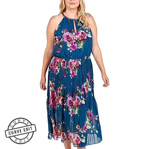 NOVA Of London Pleated Midi Dress With Floral Print in Green (Size 26)