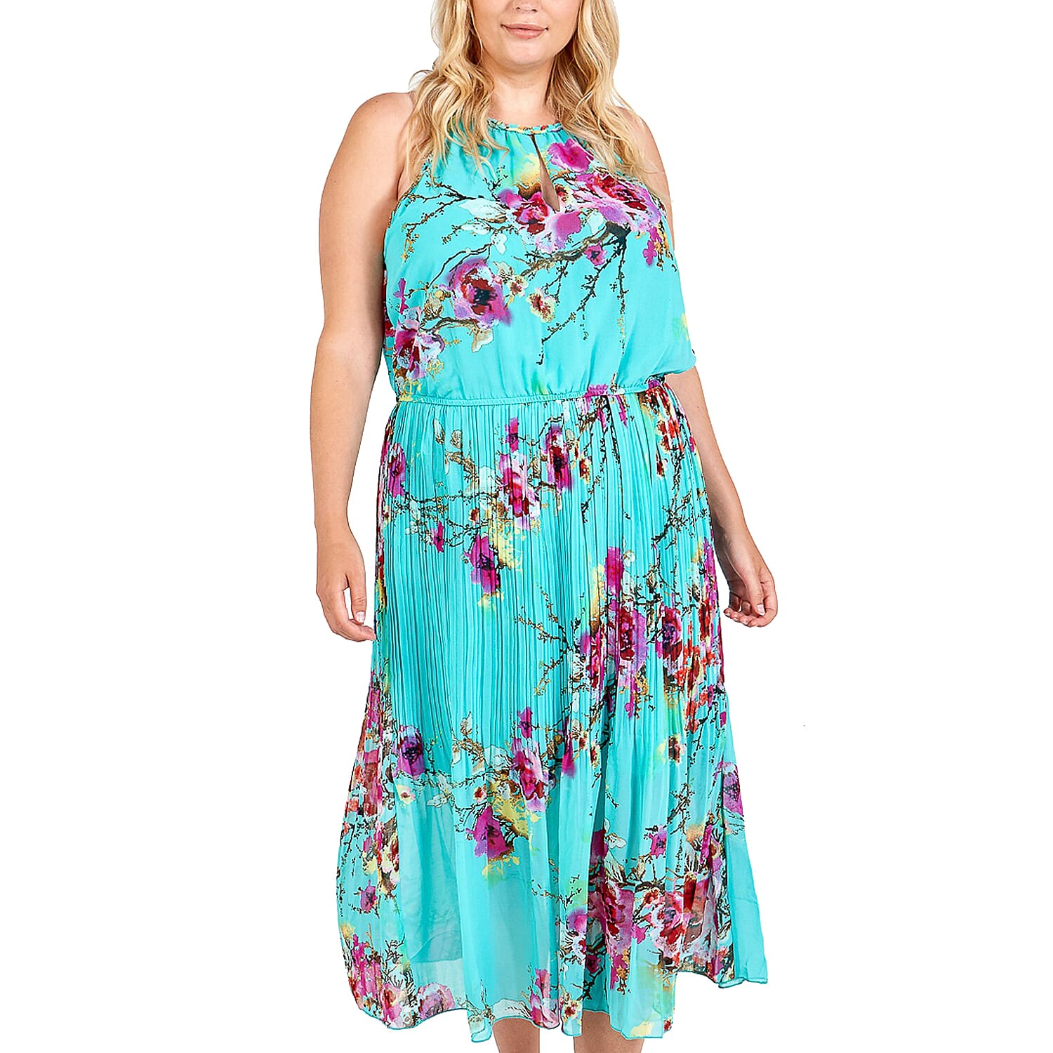 NOVA Of London Pleated Midi Dress With Floral Print in Turquoise (Size 18 )