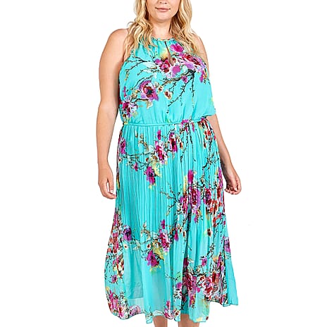 NOVA Of London Pleated Midi Dress With Floral Print in Turquoise (Size 18 )