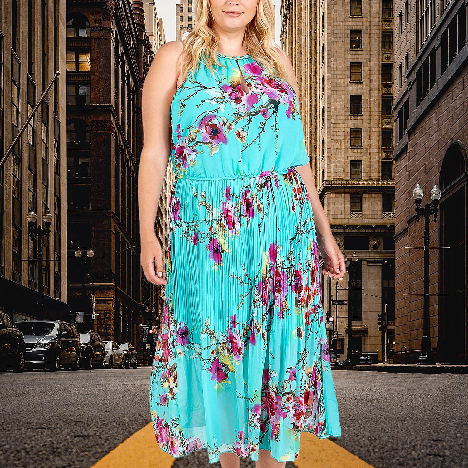 NOVA Of London Pleated Midi Dress With Floral Print in Turquoise (Size 18 )