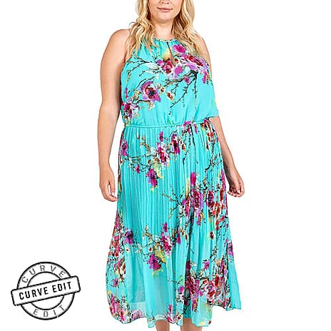 NOVA Of London Pleated Midi Dress With Floral Print in Turquoise (Size 20)