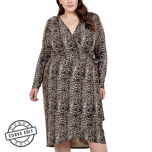 NOVA of London Snkae Print Wrap Midi Dress with Dip Back in Brown (Size 18)