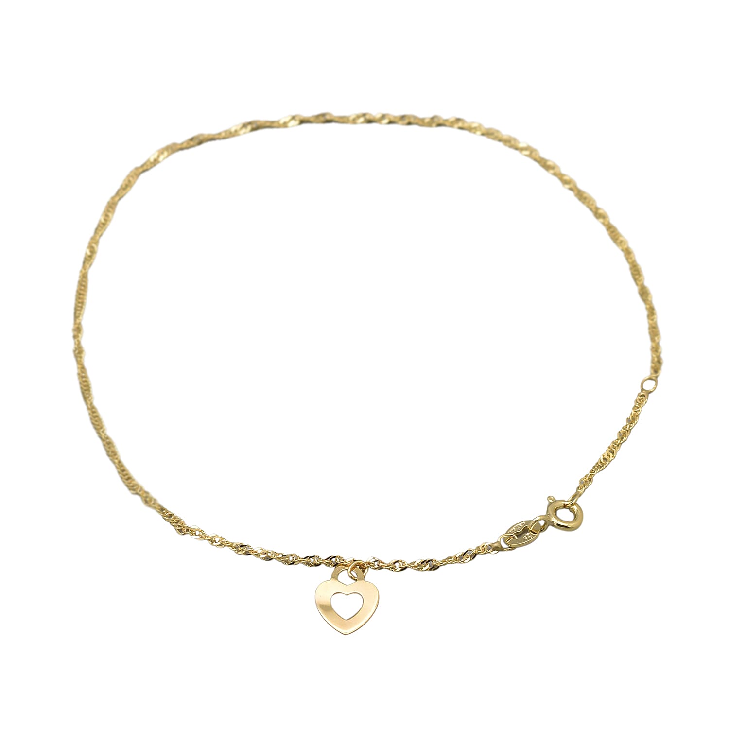 9K Yellow Gold Heart Charm Twist Curb Chain Anklet (Size 9-10) ,  Gold Wt. 1.20 Gms