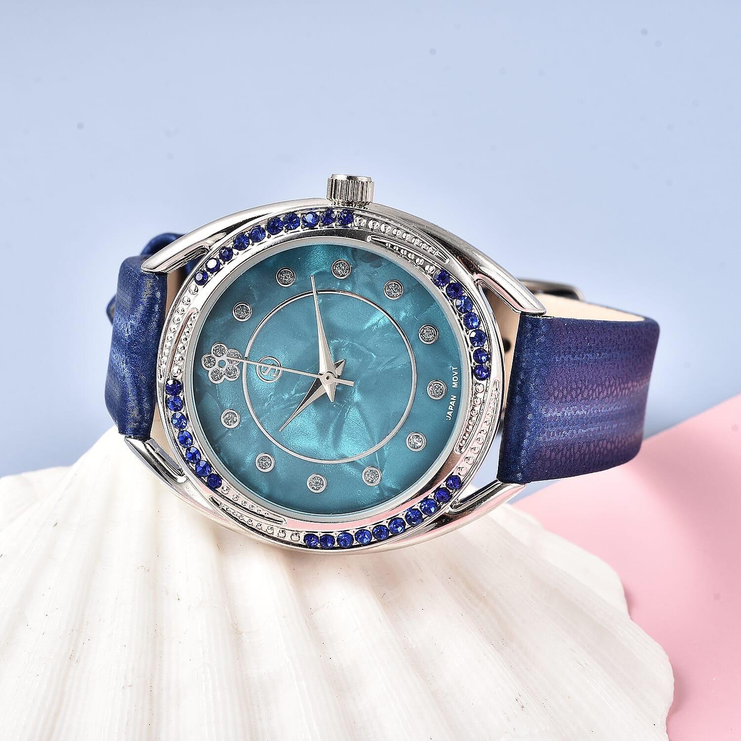 STRADA Japanese Movement Blue Crystal Studded Water Resistant Watch with Blue Strap