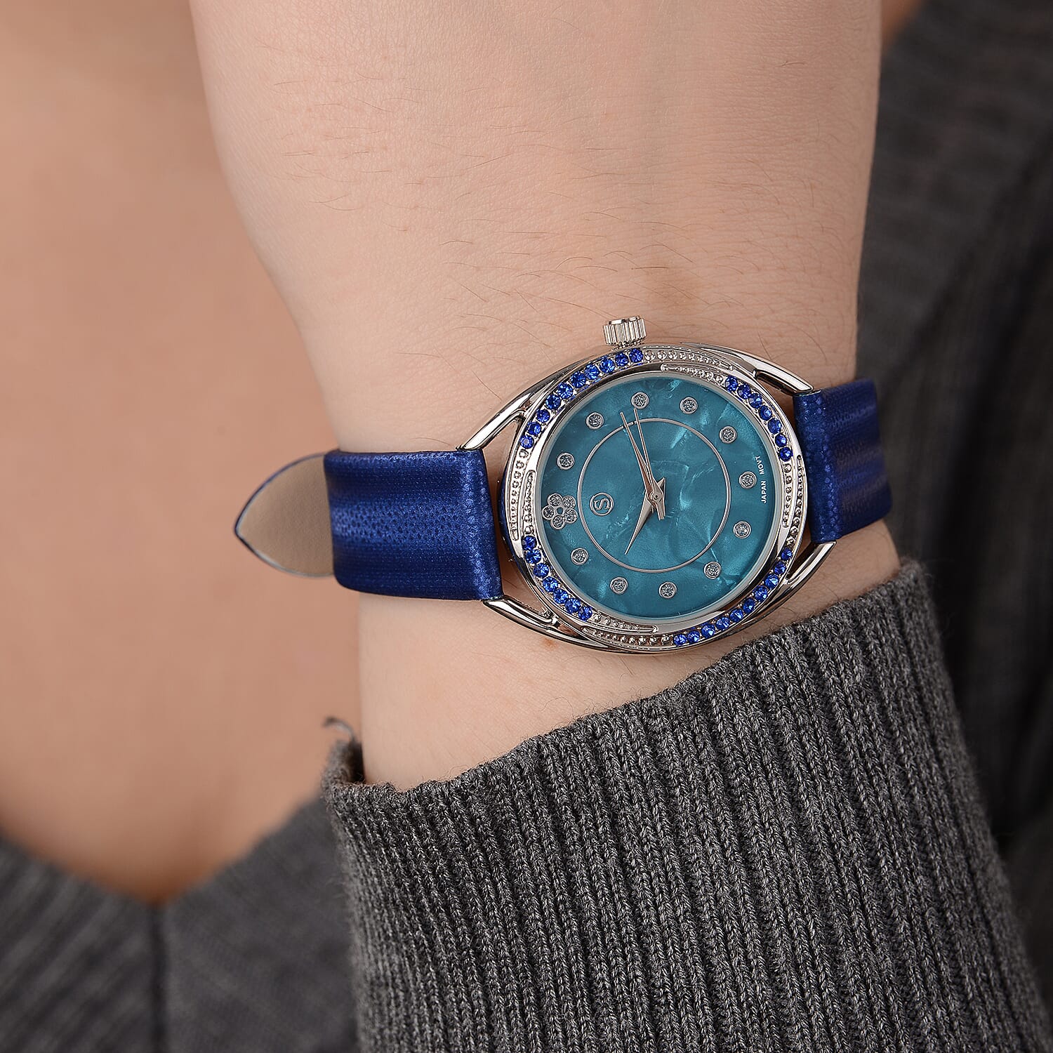 STRADA Japanese Movement Blue Crystal Studded Water Resistant Watch with Blue Strap