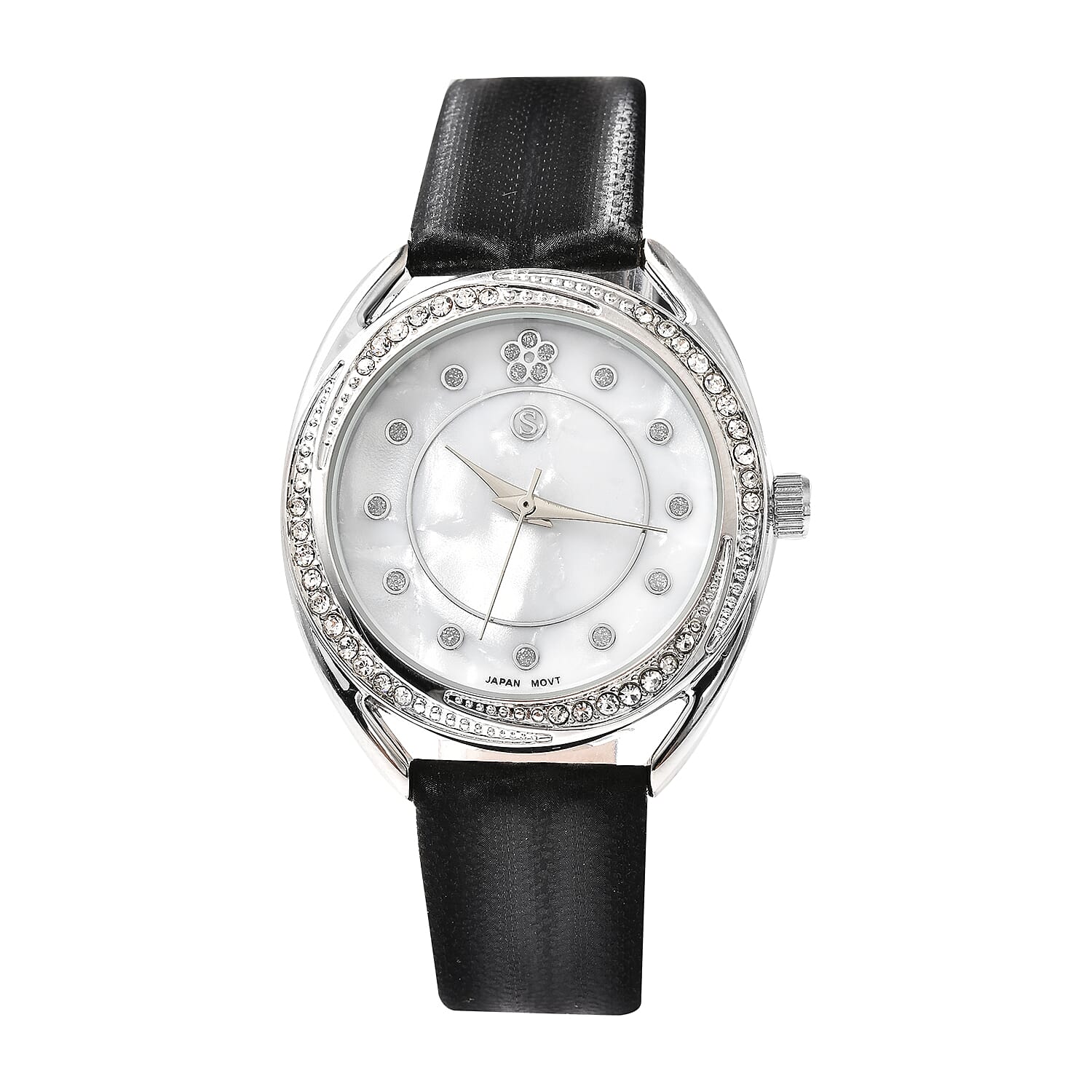 STRADA Japanese Movement White Crystal Studded Water Resistant Watch with Black Strap