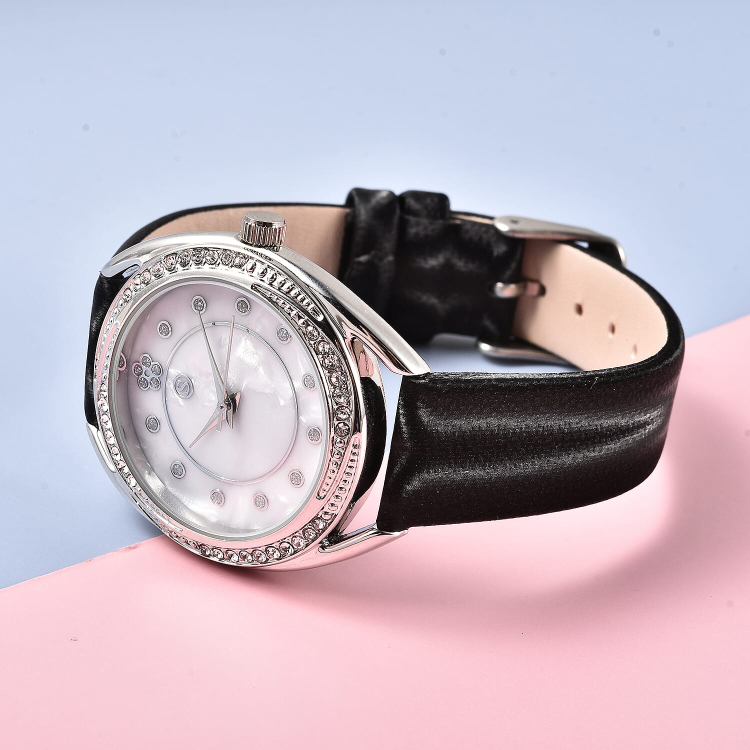 STRADA Japanese Movement White Crystal Studded Water Resistant Watch with Black Strap