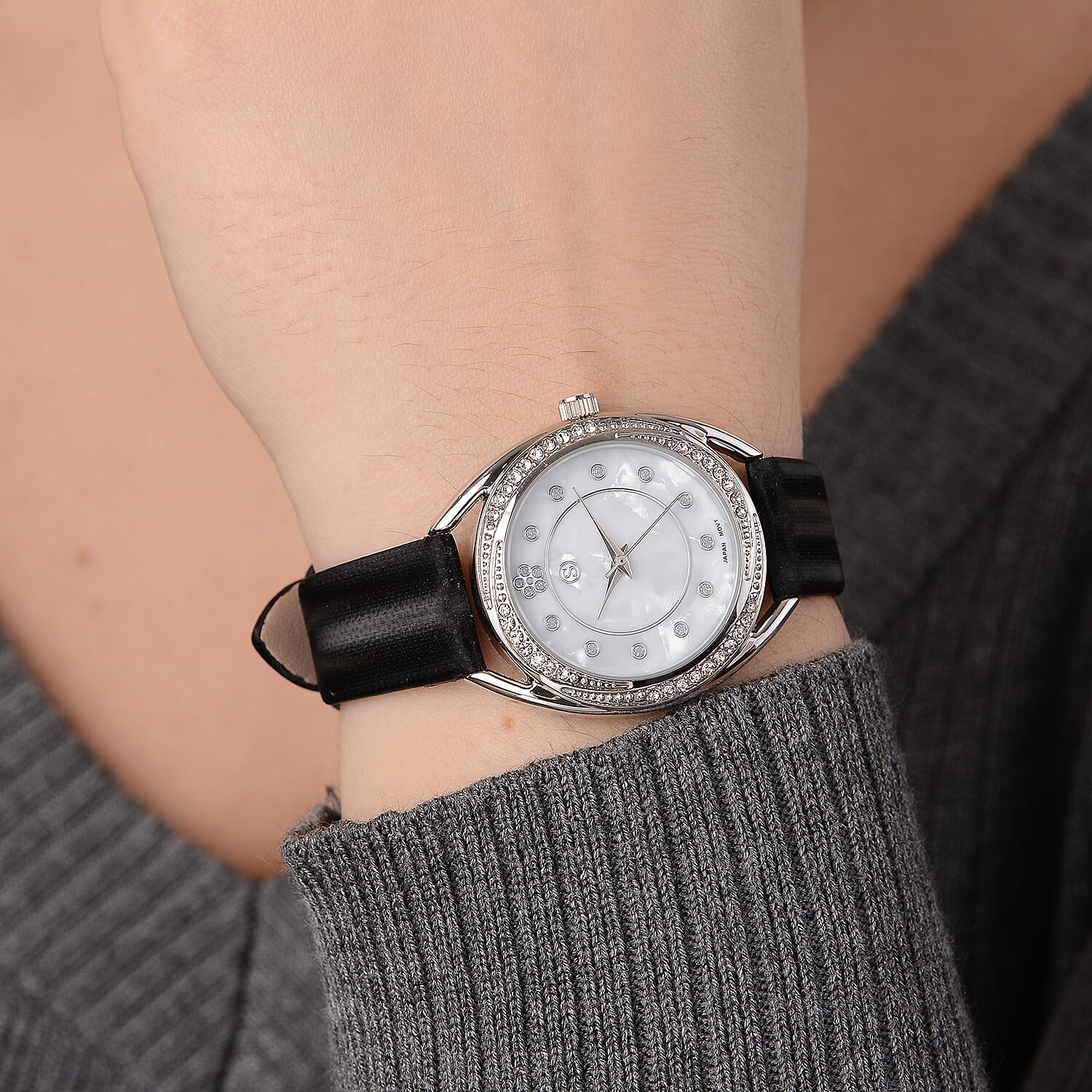 STRADA Japanese Movement White Crystal Studded Water Resistant Watch with Black Strap