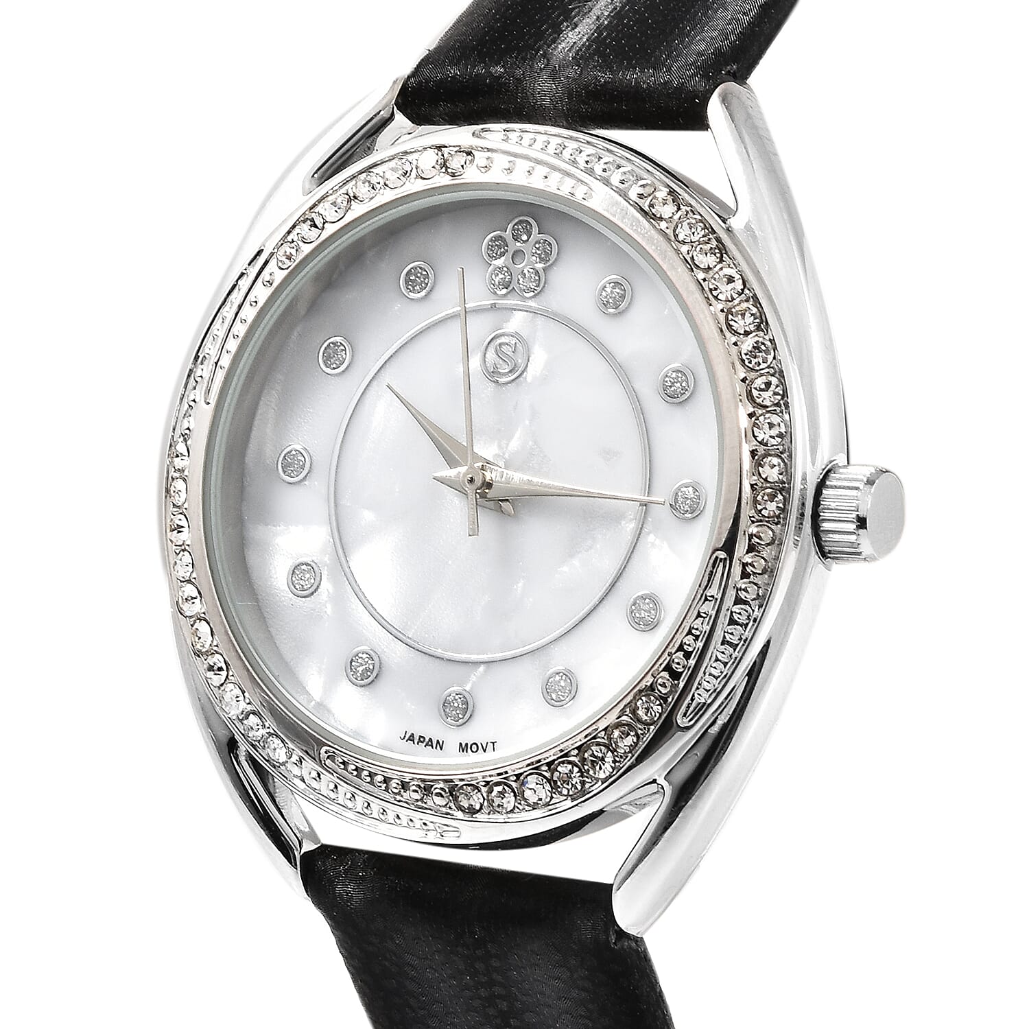 STRADA Japanese Movement White Crystal Studded Water Resistant Watch with Black Strap