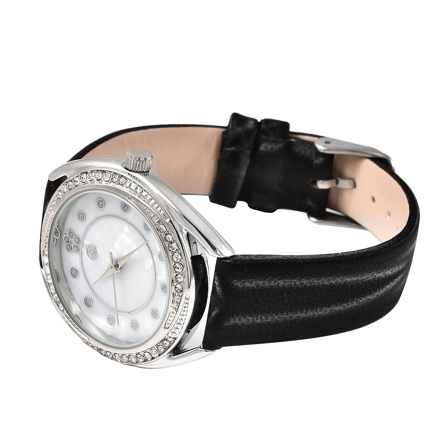STRADA Japanese Movement White Crystal Studded Water Resistant Watch with Black Strap