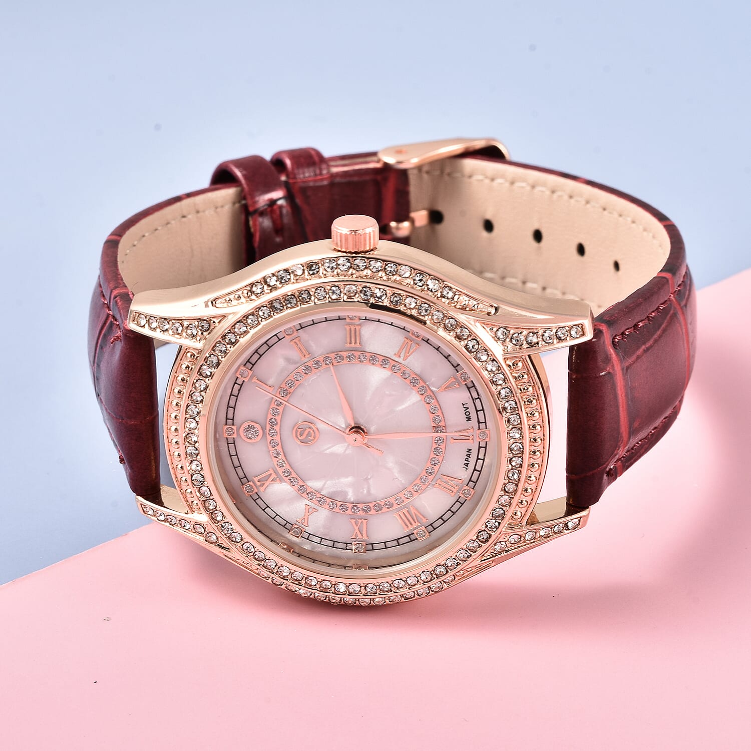 STRADA Japanese Movement Ladies Water Resistant Watch with Burgundy Strap