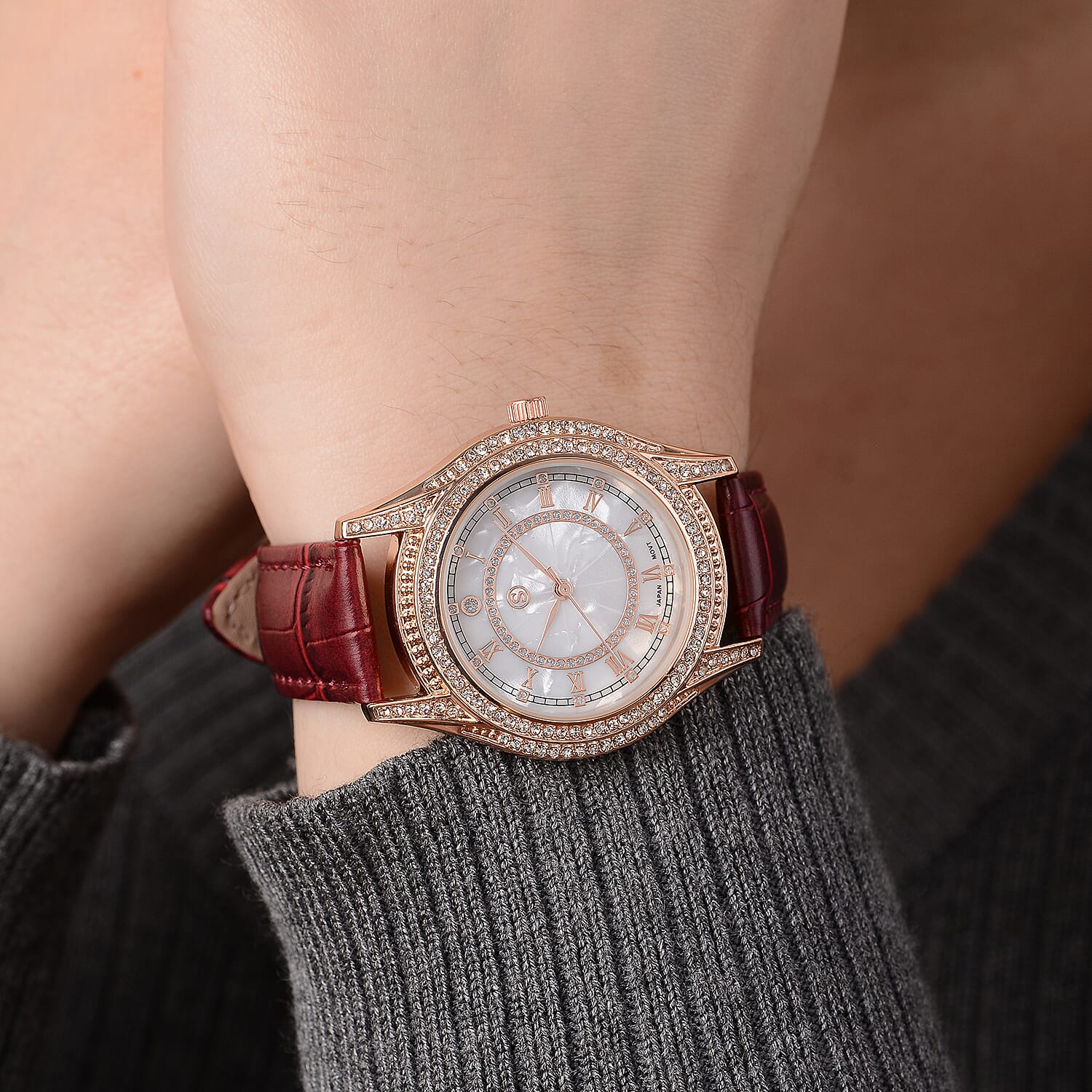 STRADA Japanese Movement Ladies Water Resistant Watch with Burgundy Strap
