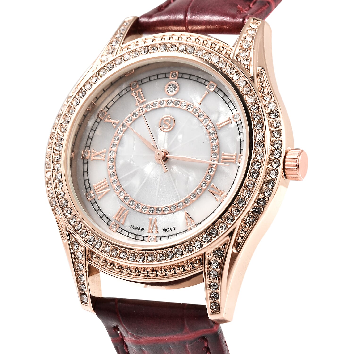 STRADA Japanese Movement Ladies Water Resistant Watch with Burgundy Strap