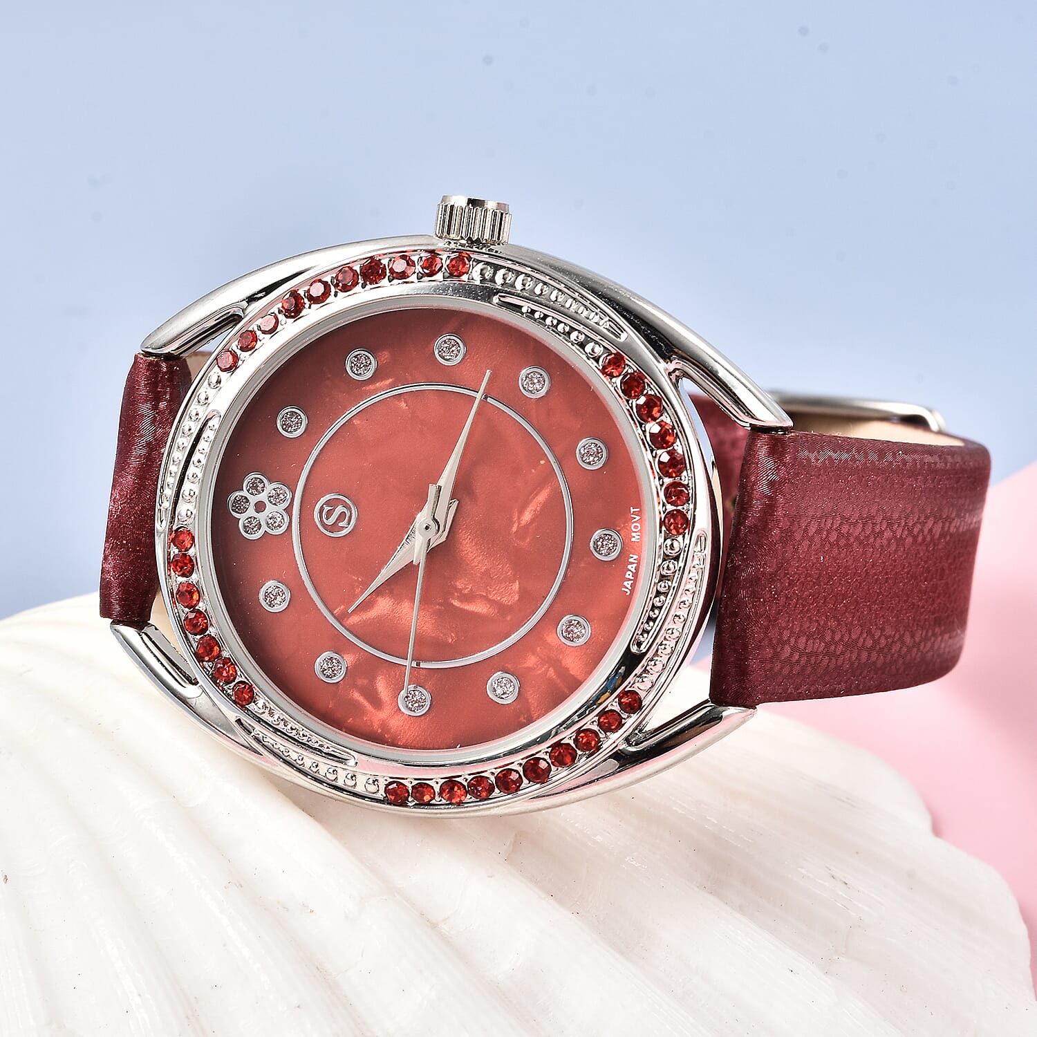 STRADA Japanese Movement Red Crystal Studded Water Resistant Watch with Red Strap