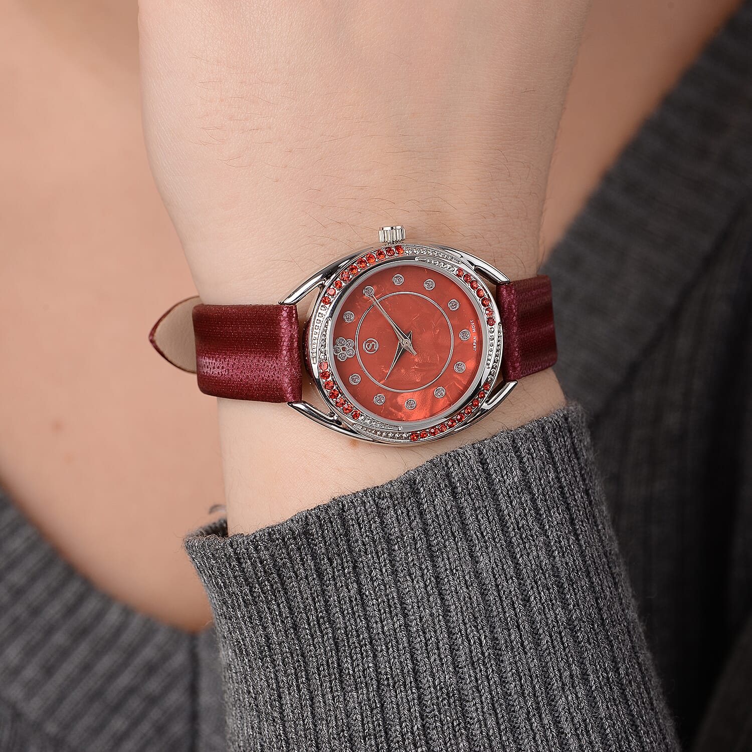 STRADA Japanese Movement Red Crystal Studded Water Resistant Watch with Red Strap