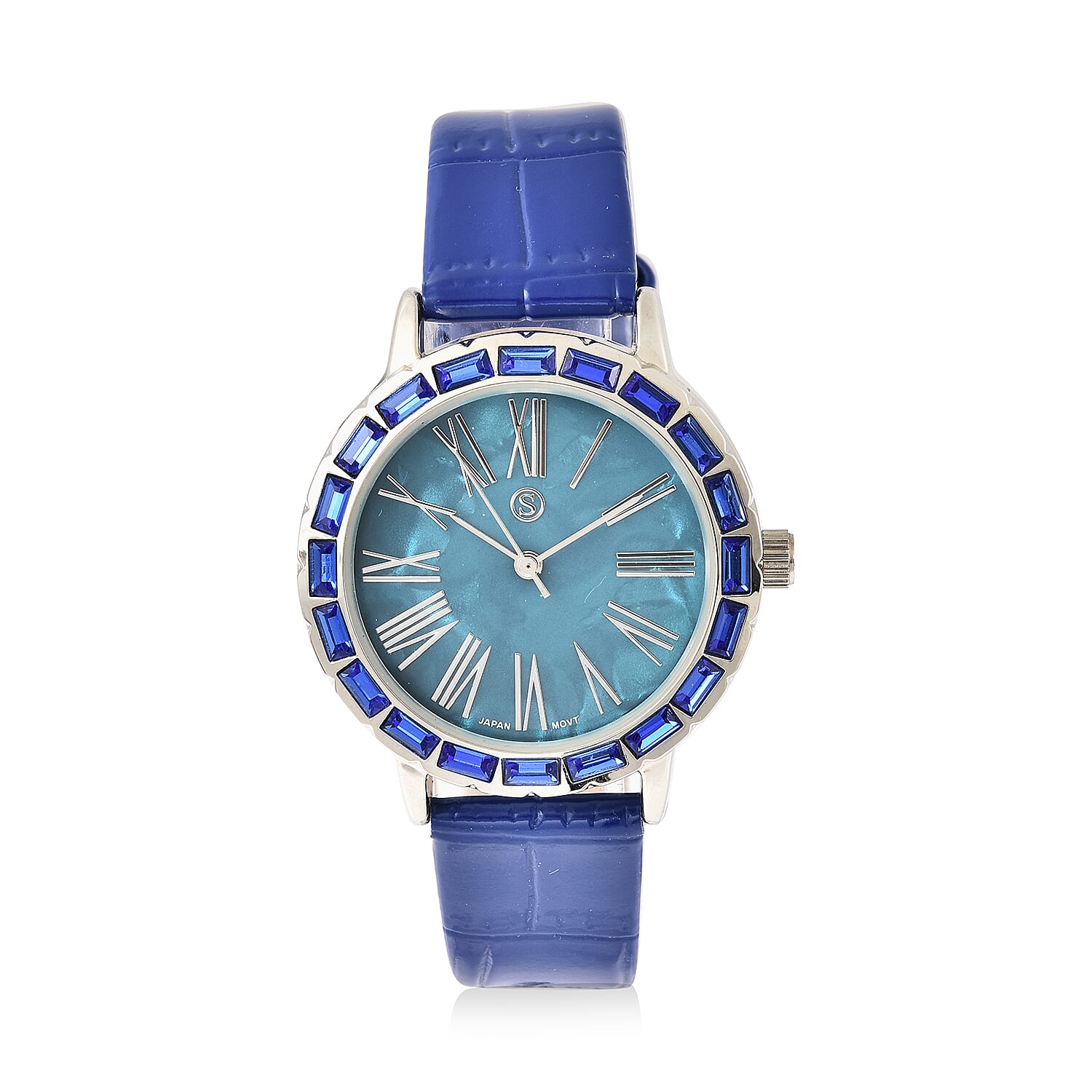 STRADA Japanese Movement Simulated Blue Sapphire Studded Water Resistant Watch with Dark Blue Colour Strap