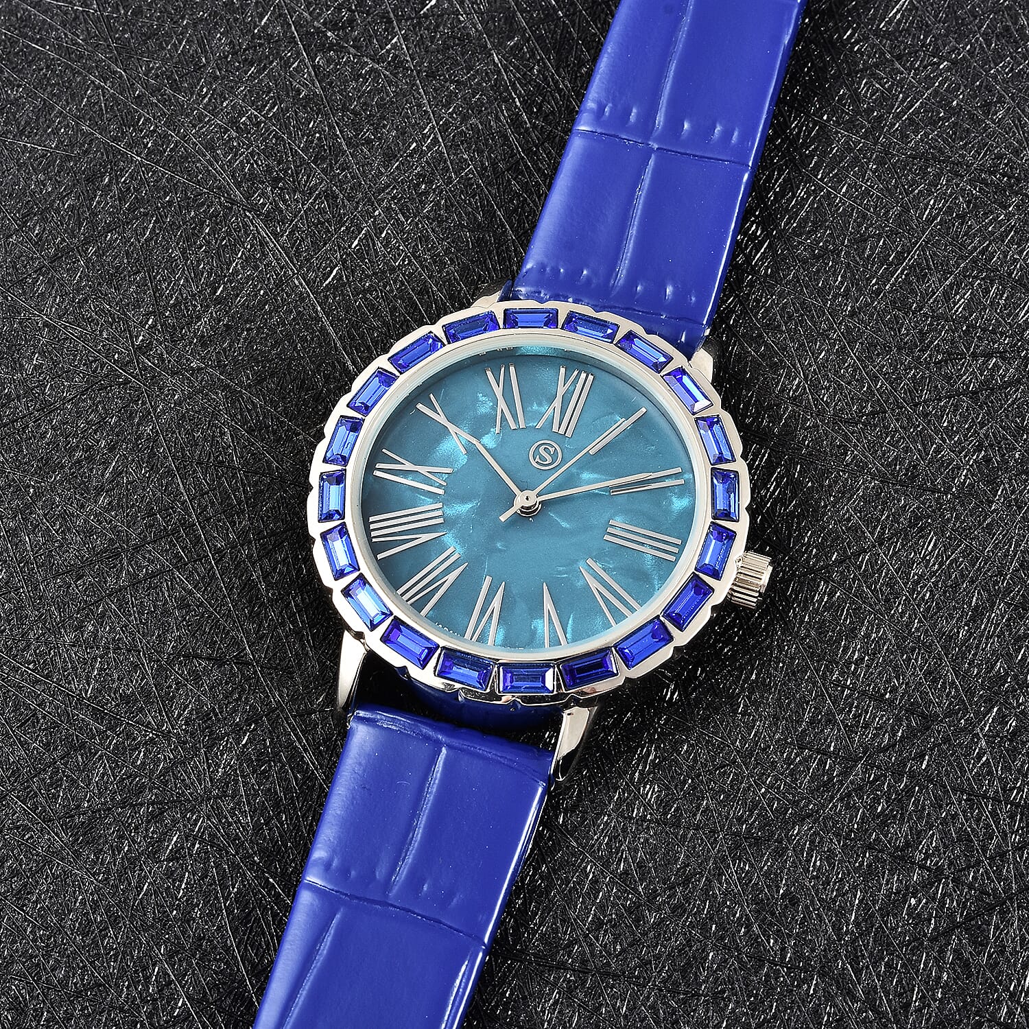 STRADA Japanese Movement Simulated Blue Sapphire Studded Water Resistant Watch with Dark Blue Colour Strap