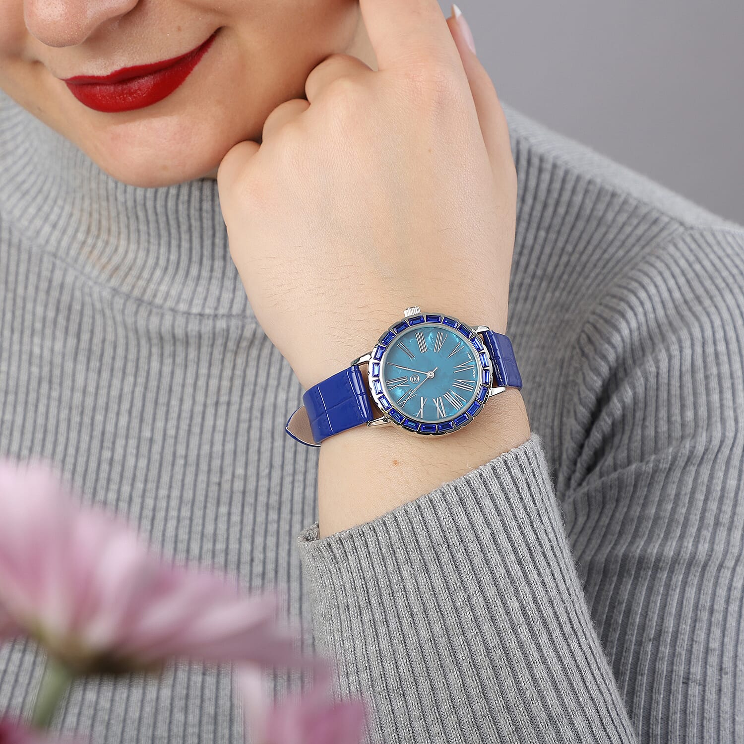 STRADA Japanese Movement Simulated Blue Sapphire Studded Water Resistant Watch with Dark Blue Colour Strap