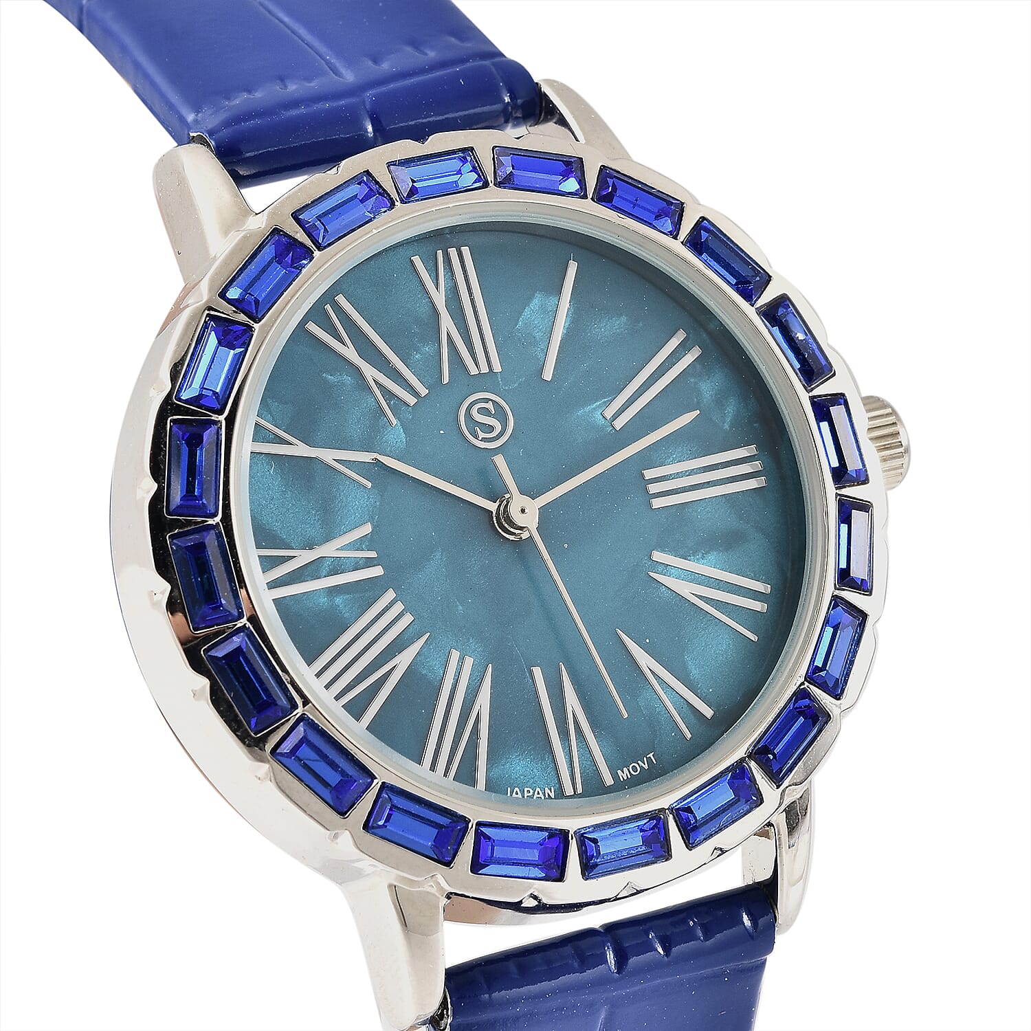 STRADA Japanese Movement Simulated Blue Sapphire Studded Water Resistant Watch with Dark Blue Colour Strap