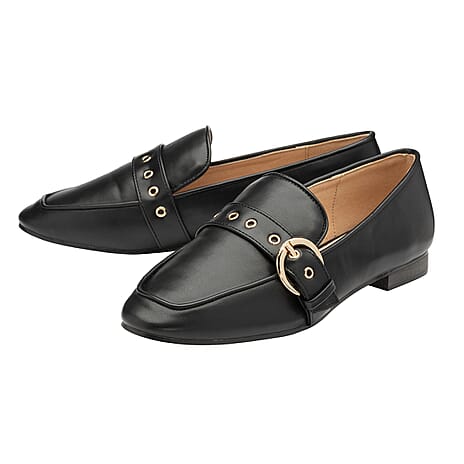 RAVEL Ramona Loafers with Gold Tone Buckle Detail in Black (Size 6)