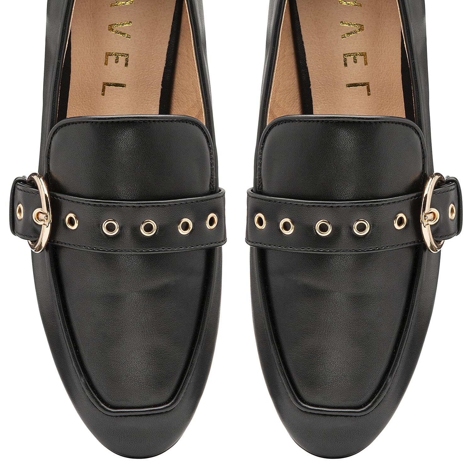 RAVEL Ramona Loafers with Gold Tone Buckle Detail in Black (Size 6)