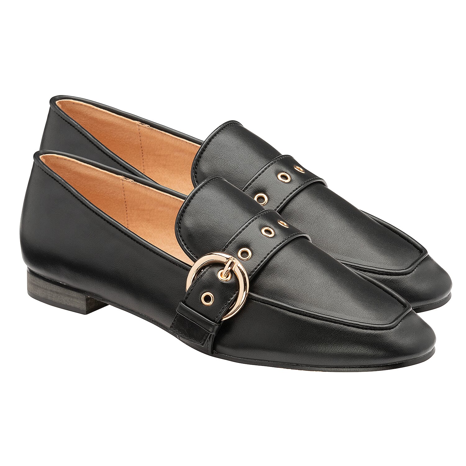 RAVEL Ramona Loafers with Gold Tone Buckle Detail in Black (Size 6)