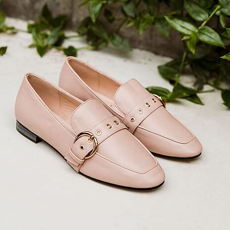 RAVEL Ramona Loafers with Gold Tone Buckle Detail in Blush Nude (Size 6)