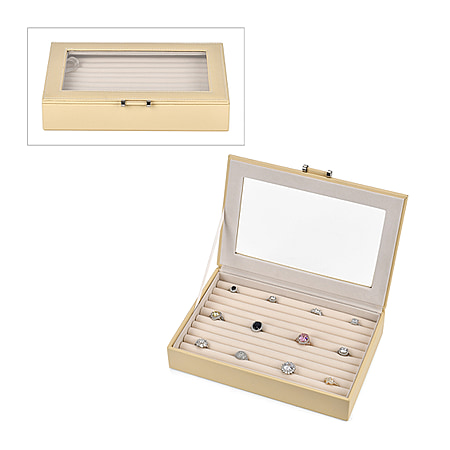 Beige Stylish Ring Box with Glass Display & Anti-Tarnish Lining (Holds up to 100 Rings) – 10x7x2 cm