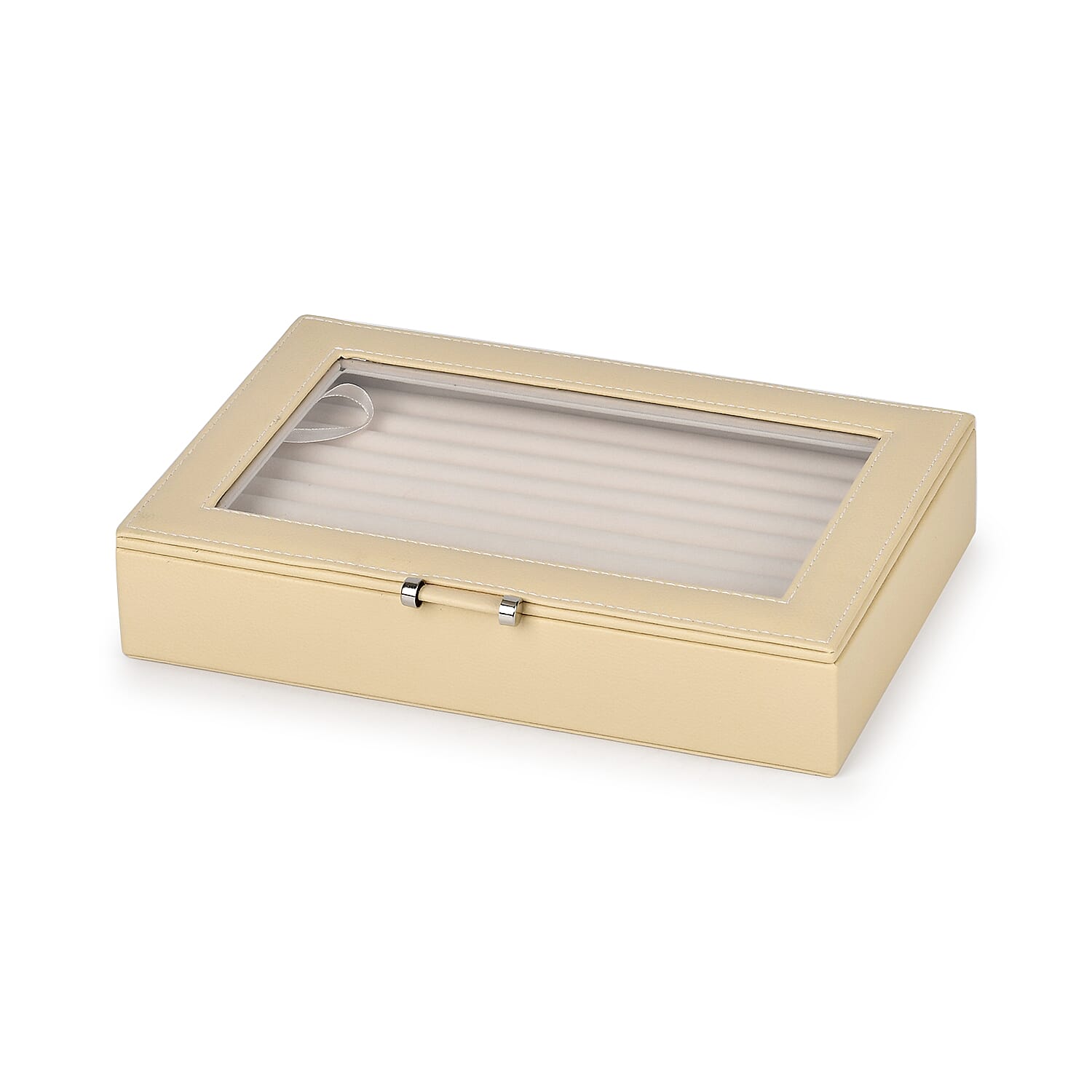 Stylish Ring Box With Glass Window & Anti Tarnish Lining (Size 10x7x2 cm) - Cream (Can Hold 100Pcs Rings)