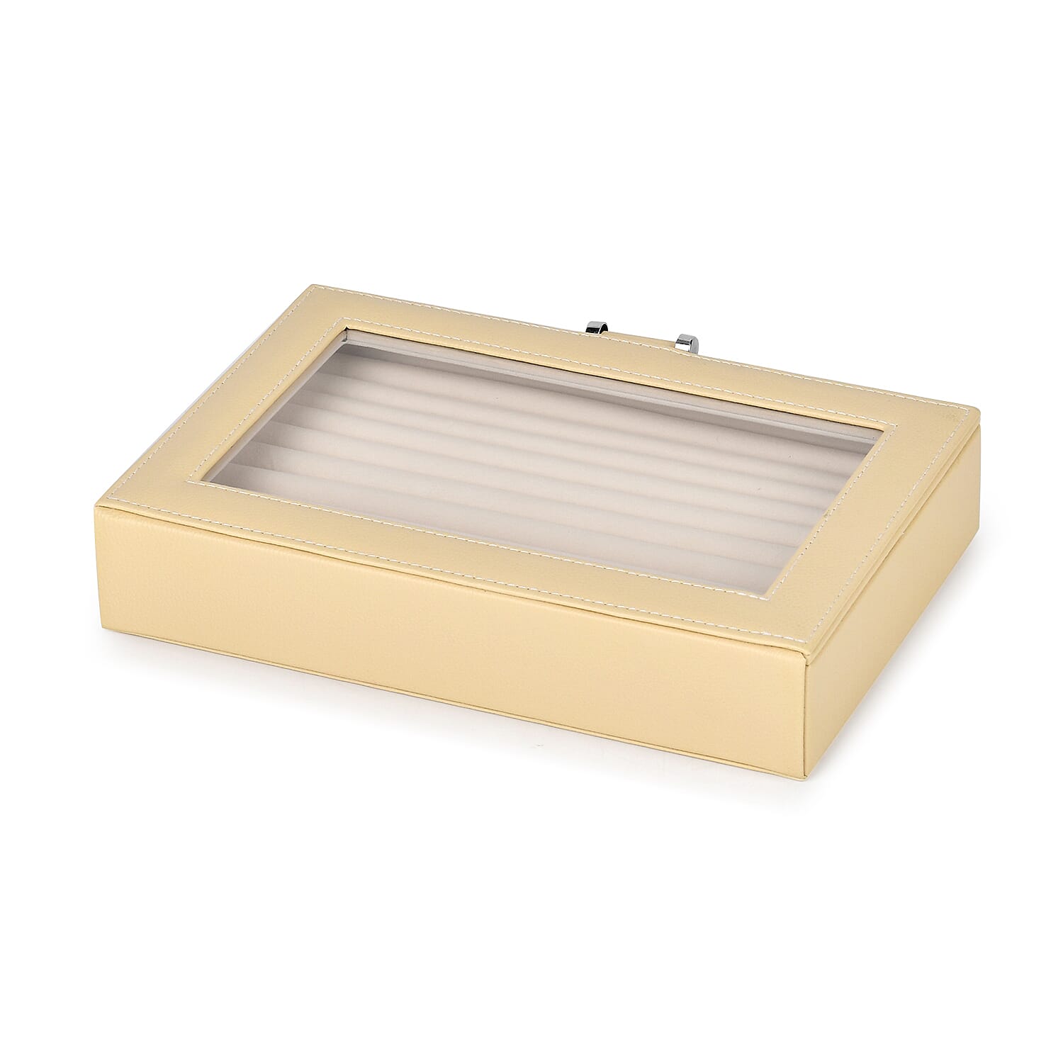 Stylish Ring Box With Glass Window & Anti Tarnish Lining (Size 10x7x2 cm) - Cream (Can Hold 100Pcs Rings)