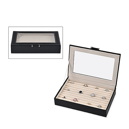 Black Stylish Ring Box with Glass Display & Anti-Tarnish Lining (Holds up to 100 Rings) – 10x7x2 cm