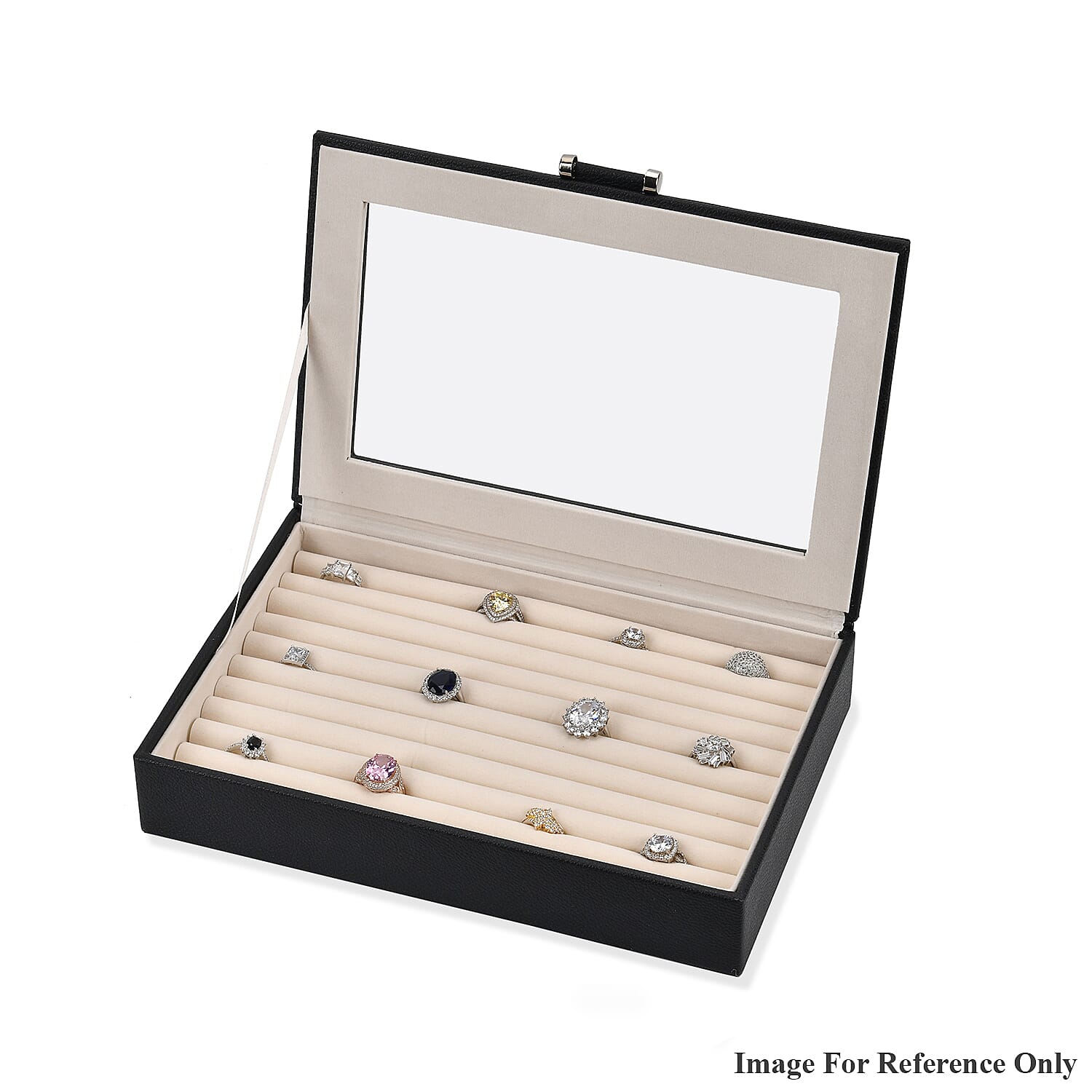 Stylish Ring Box With Glass Window & Anti Tarnish Lining (Size 10x7x2 cm) - Black (Can Hold 100Pcs Rings)