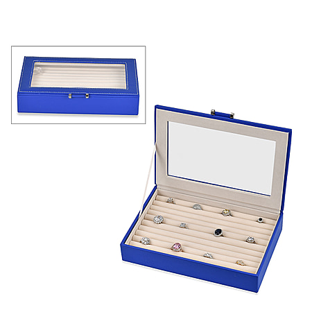 Royal Blue Stylish Ring Box with Glass Display & Anti-Tarnish Lining (Holds up to 100 Rings) – 10x7x2 cm