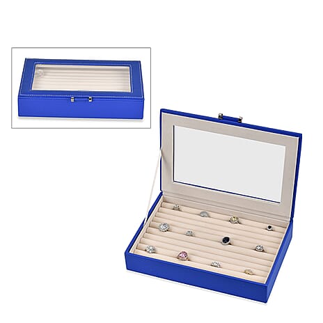 Stylish Ring Box With Glass Window & Anti Tarnish Lining (Size 10x7x2 cm ) - Blue (Can Hold 100Pcs Rings)