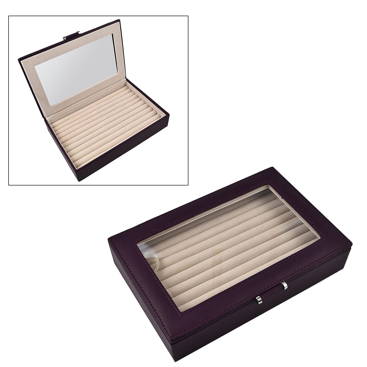 Stylish Ring Box With Glass Window & Anti Tarnish Lining (Size 10x7x2 cm) - Purple (Can Hold 100Pcs Rings)