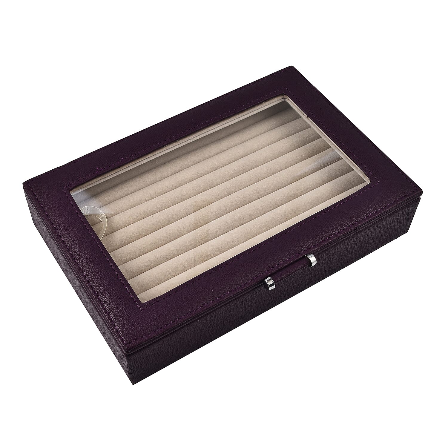 Stylish Ring Box With Glass Window & Anti Tarnish Lining (Size 10x7x2 cm) - Purple (Can Hold 100Pcs Rings)