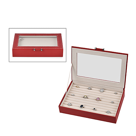 Wine Red Stylish Ring Box with Glass Display & Anti-Tarnish Lining (Holds up to 100 Rings) – 10x7x2 cm