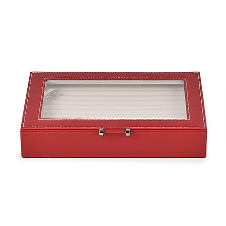 Stylish Ring Box With Glass Window & Anti Tarnish Lining (Size 10x7x2 cm) - Red (Can Hold 100Pcs Rings)