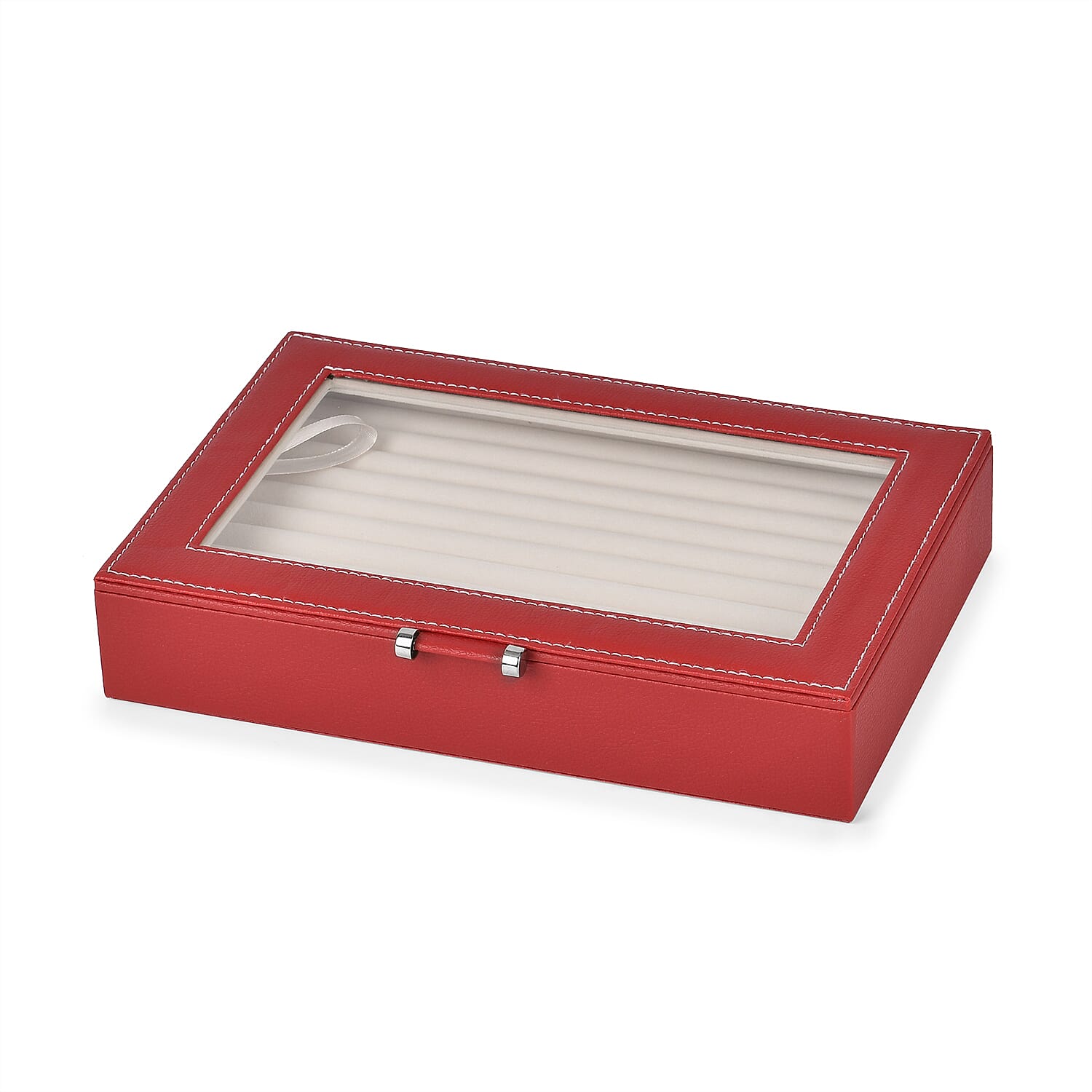 Stylish Ring Box With Glass Window & Anti Tarnish Lining (Size 10x7x2 cm) - Red (Can Hold 100Pcs Rings)
