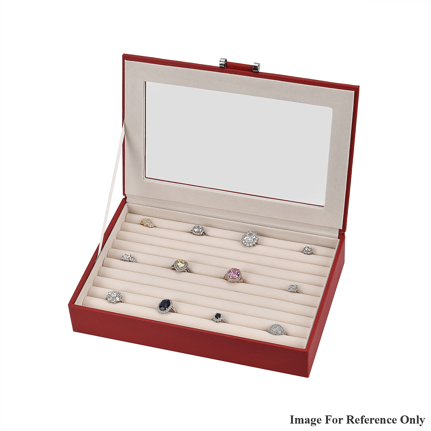 Stylish Ring Box With Glass Window & Anti Tarnish Lining (Size 10x7x2 cm) - Red (Can Hold 100Pcs Rings)