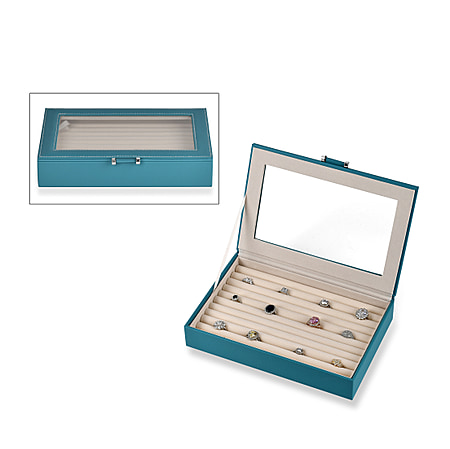 Teal Stylish Ring Box with Glass Display & Anti-Tarnish Lining (Holds up to 100 Rings) – 10x7x2 cm